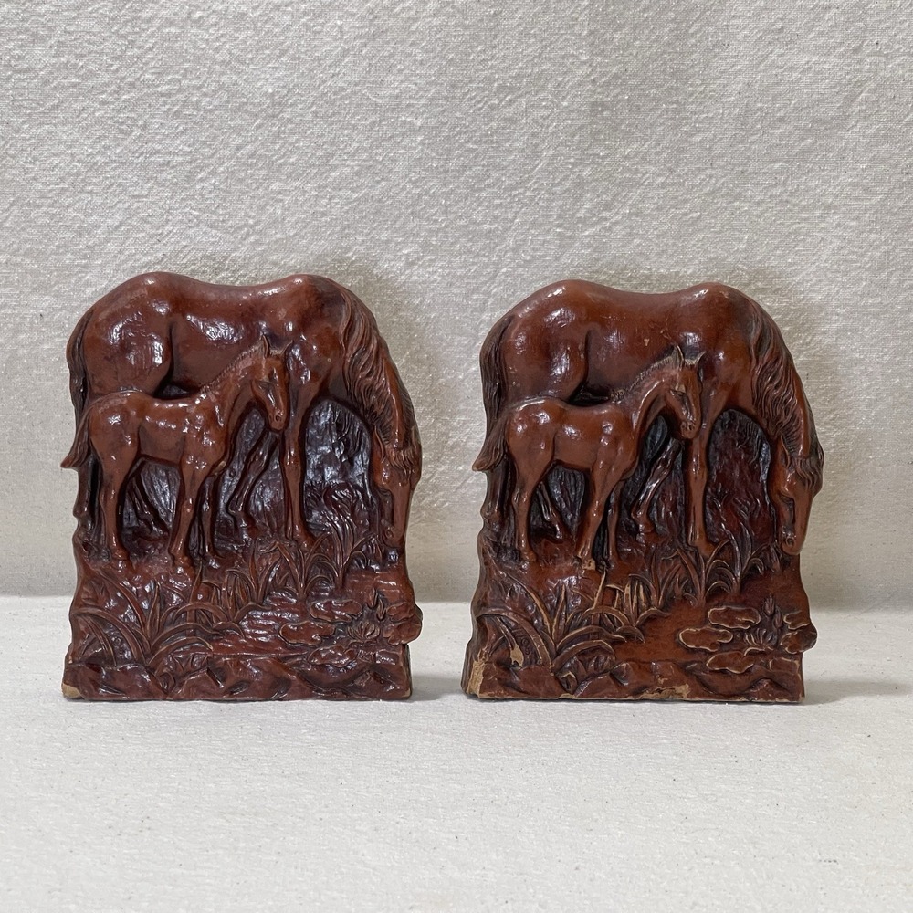 Vntg Western Horse Syroco‎ Mare Foal Wood Bookends Ralph Lauren Country Style